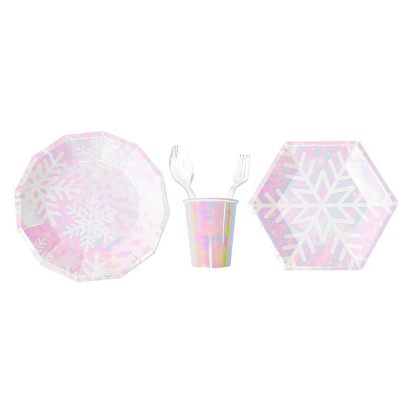 Ipalmay Christmas Snowflake Party Supplies Set Serves 16, Iridescent Pink Themed Party Supplies, Snowflake Paper Plates, Paper Napkins, Paper Cups Straws Spoons Forks - Image 4